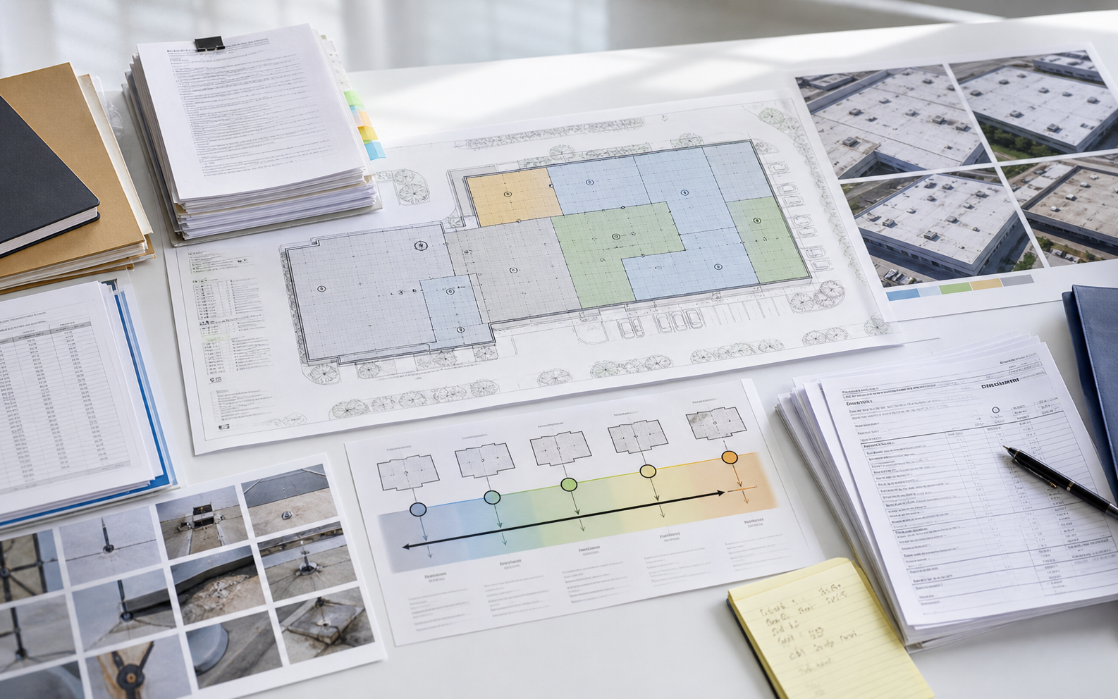 Commercial roof underwriting workspace with roof age timelines, section maps, inspection photos, confidence bands, and reserve notes.