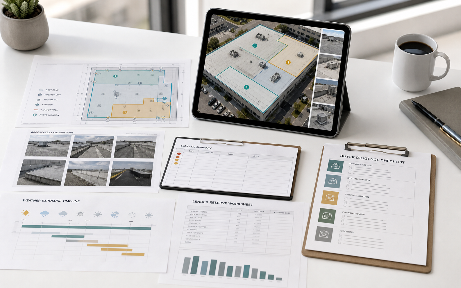 Commercial real estate listing workspace with low-slope roof zones, roof photos, leak notes, weather timeline, and reserve worksheet.