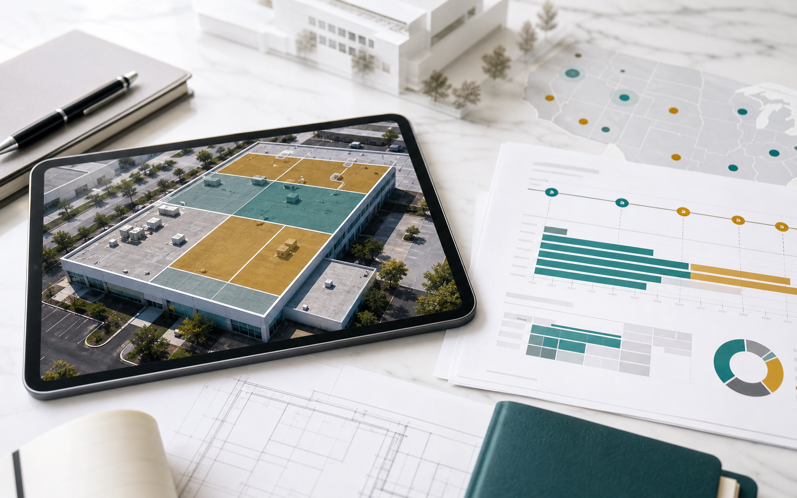 Commercial real estate roof reserve planning worksheet with roof zones, capex timing, and risk tiers.