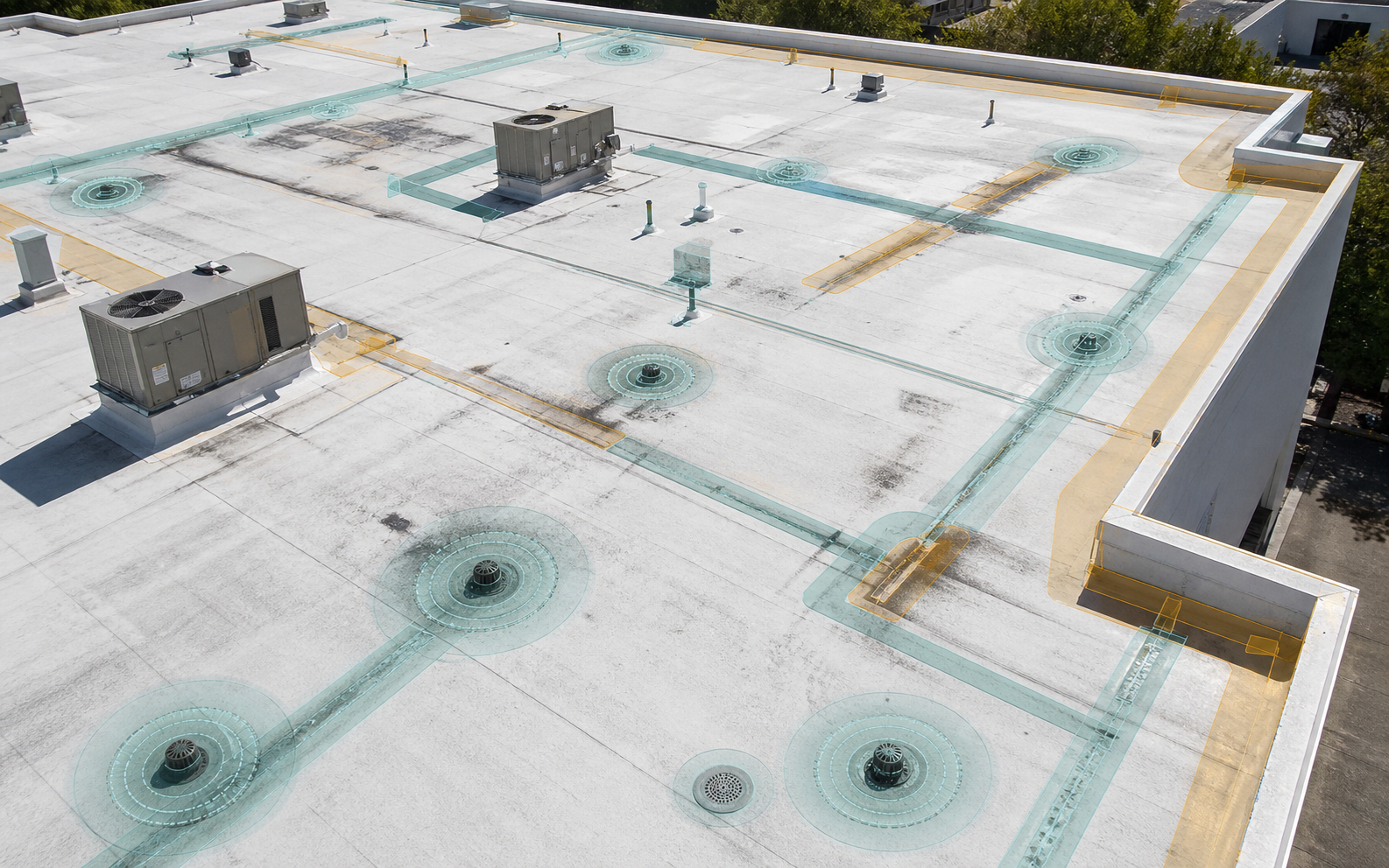 Commercial low-slope roof with highlighted drains, rooftop equipment, and weather-exposure overlays.