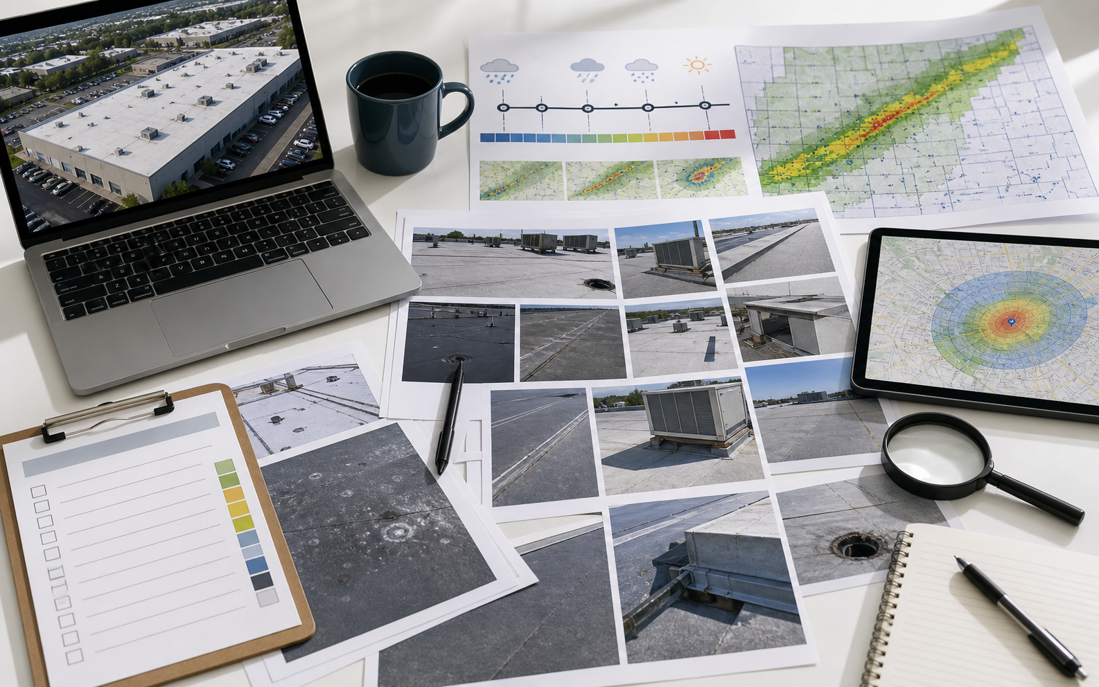 Commercial roof hail exposure evidence file with roof aerial photos, storm timeline, inspection photos, and property-specific condition notes.