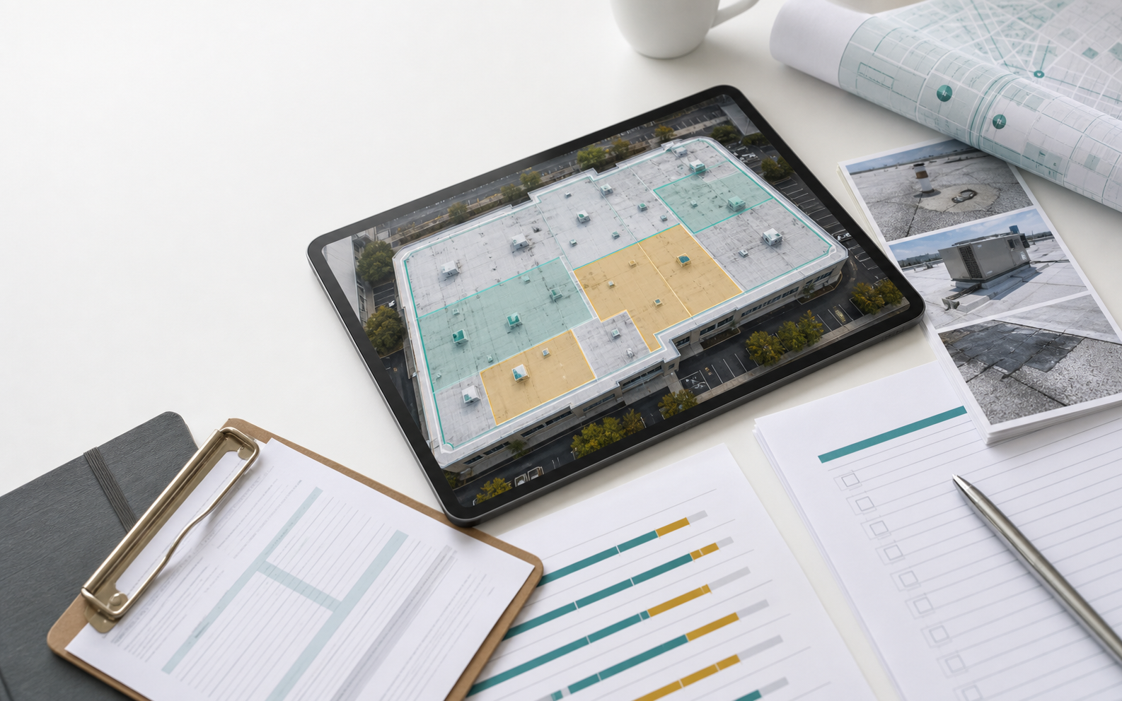 Commercial roof due diligence workspace with roof zones, acquisition records, reserve timing, and portfolio map overlays.
