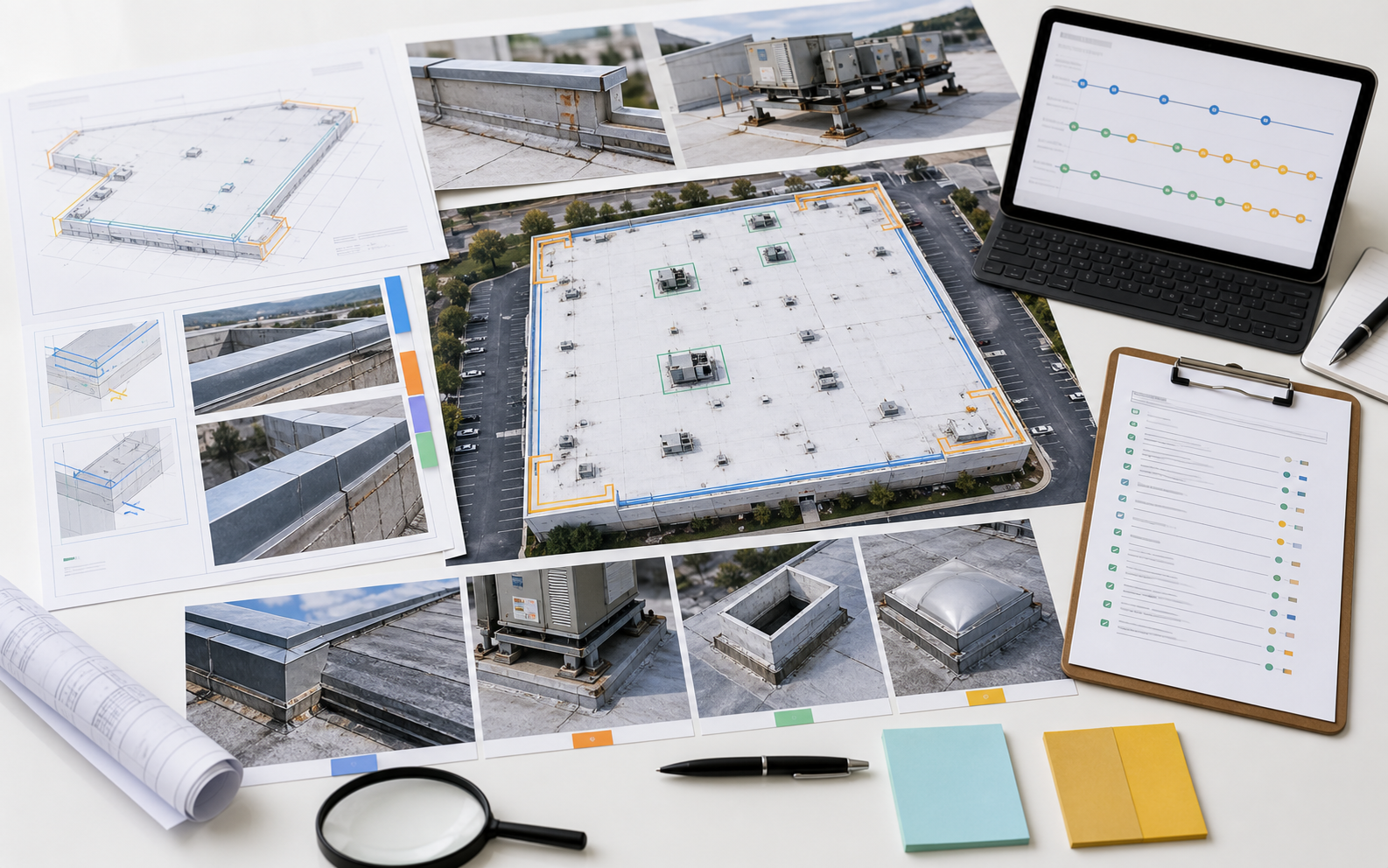 Commercial roof wind-risk evidence workspace with perimeter zones, edge metal details, rooftop equipment photos, and wind timeline.
