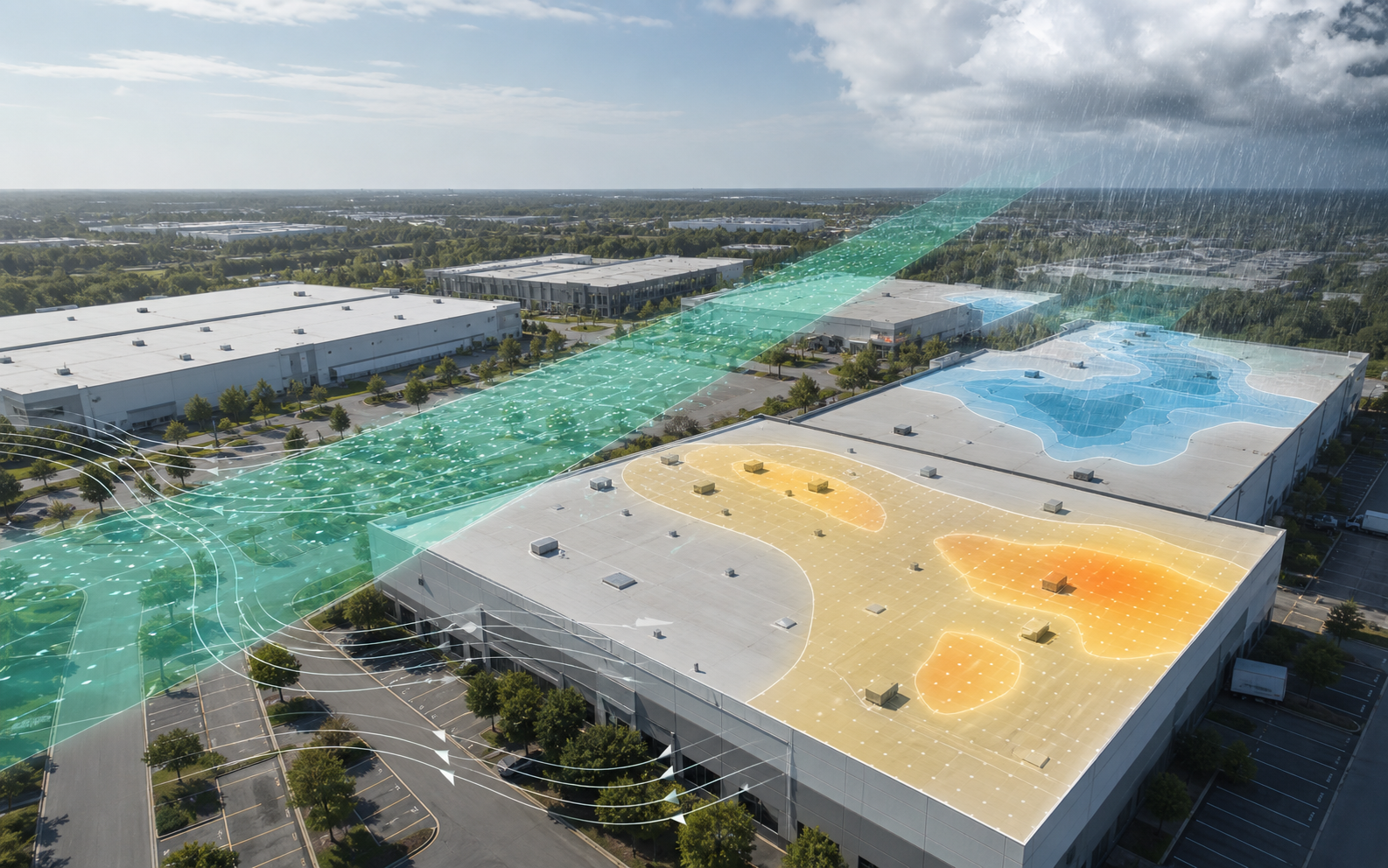 Commercial roof risk dashboard showing hail, wind, heat, rainfall, and physical underwriting evidence layers.